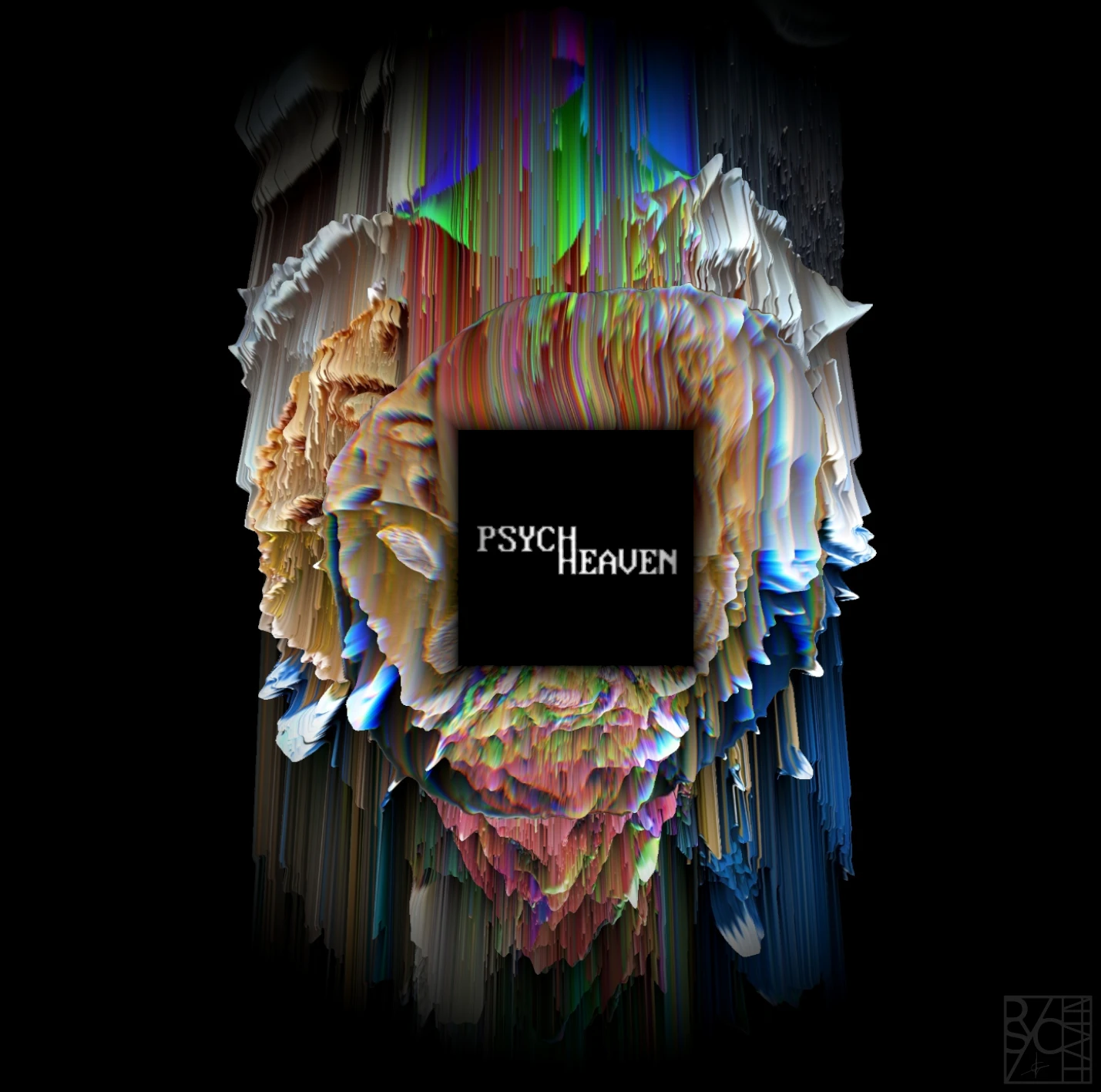Reconstitution by PsycHeaven: a glitched, prismatic sculptural form on black around a black square